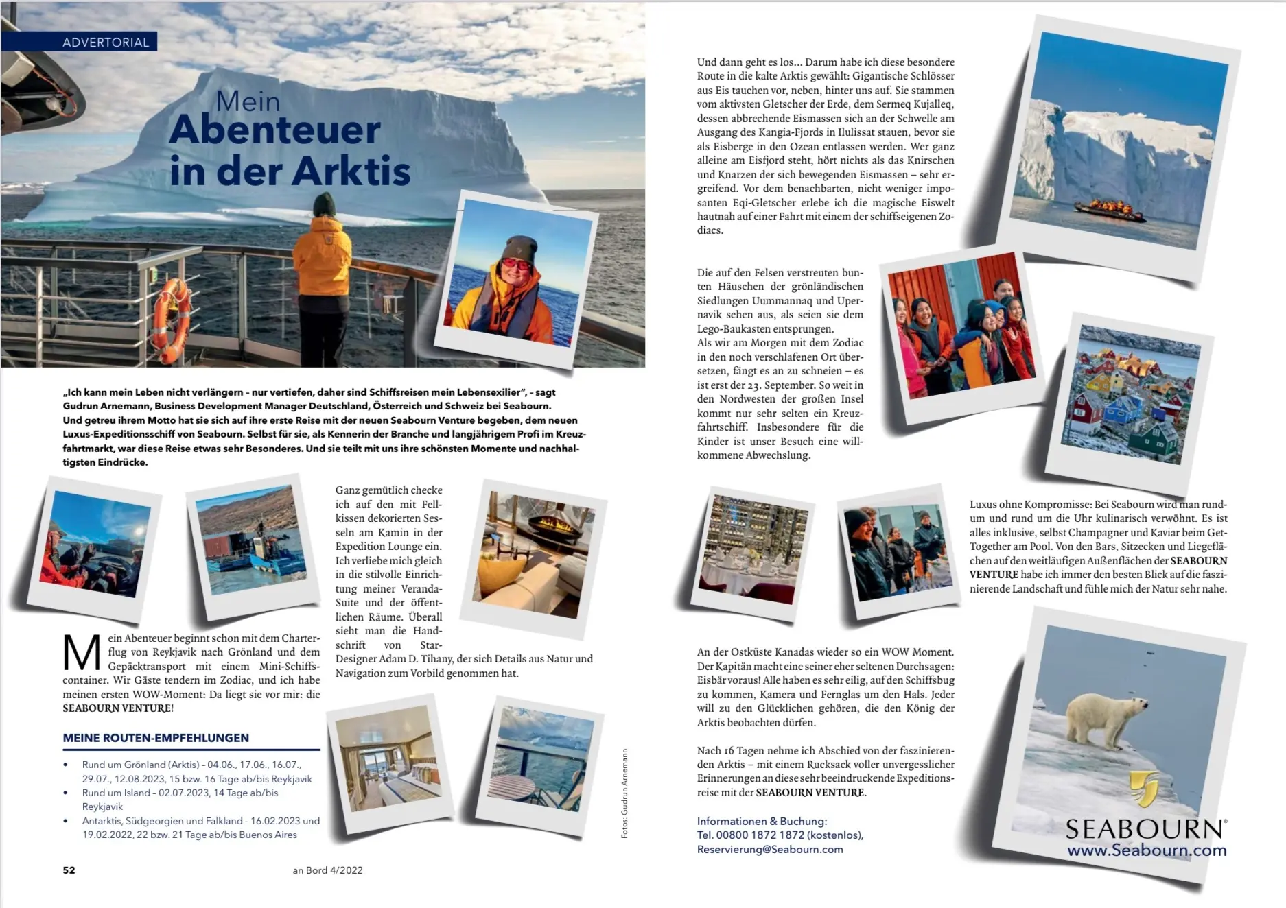 Referenz - Gudrun Arnemann berichtet als Autorin in der Reportage im Kreuzfahrt-Magazin An Bord über ihre Abenteuer in der Arktis.